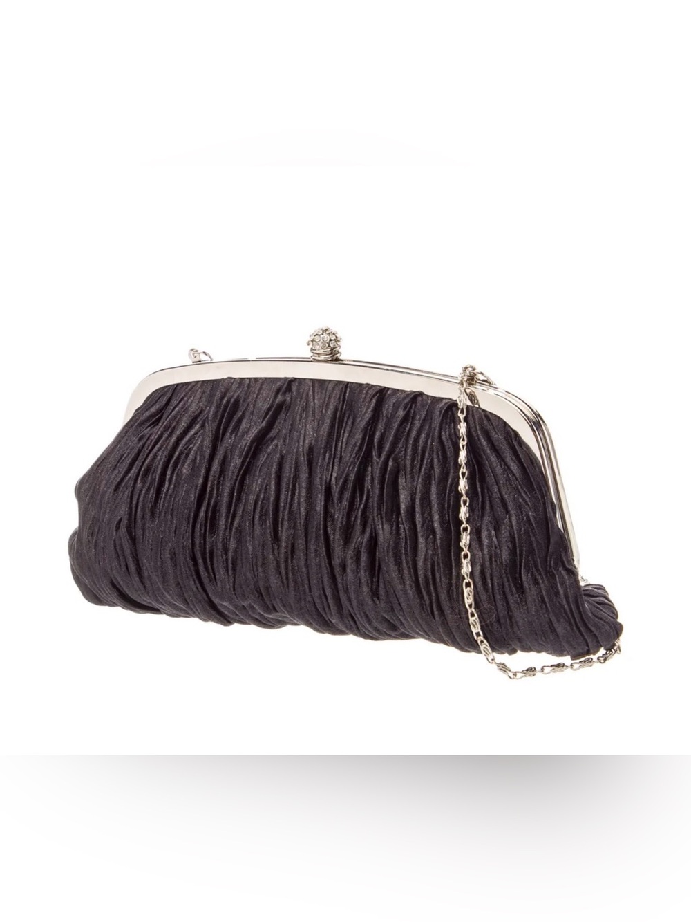 Neiman Marcus Black Satin Crinkle Ruched Evening Clutch with Silver Accents
